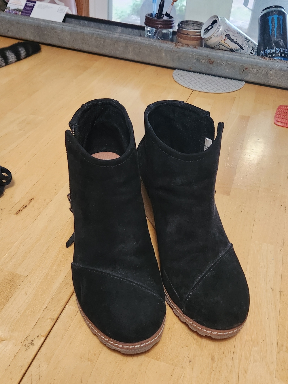 Toms Black Suede Ankle Booties with Stacked Brown Sole- 8.5